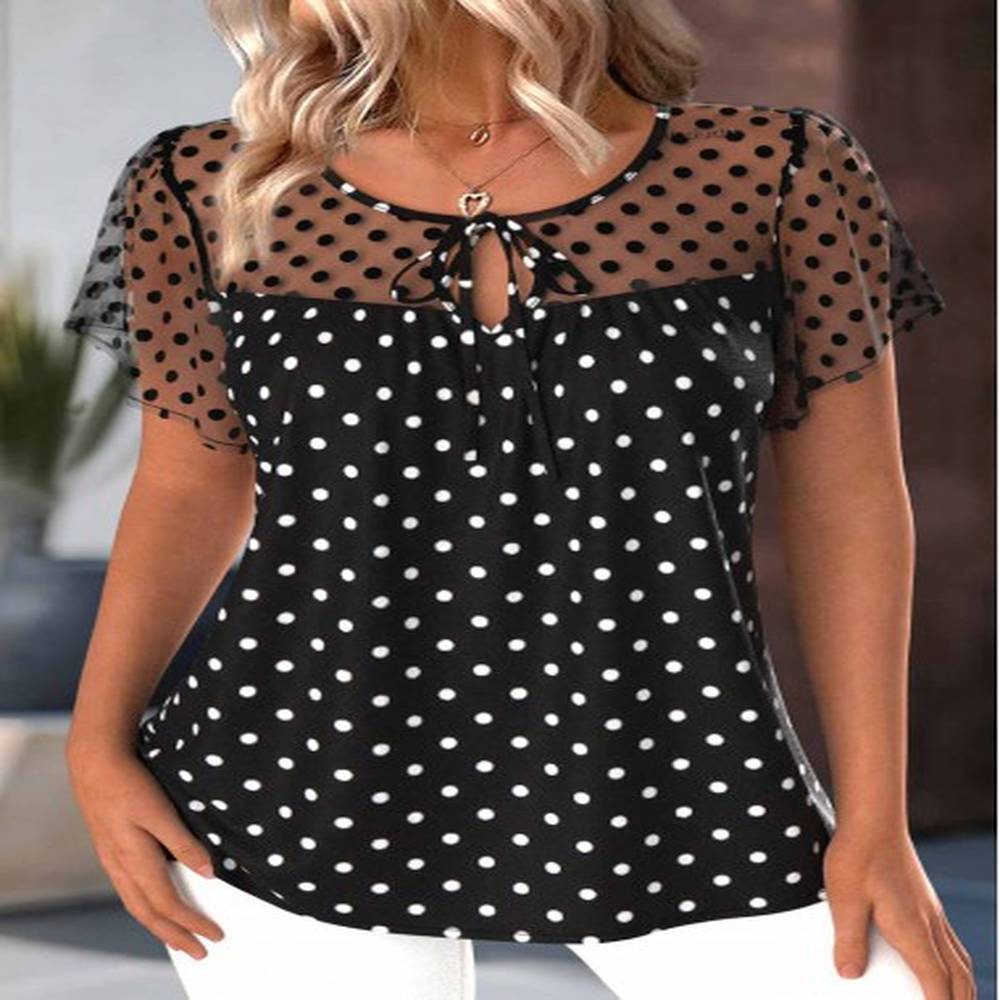 modlily black polka dot short sleeve round neck blouse