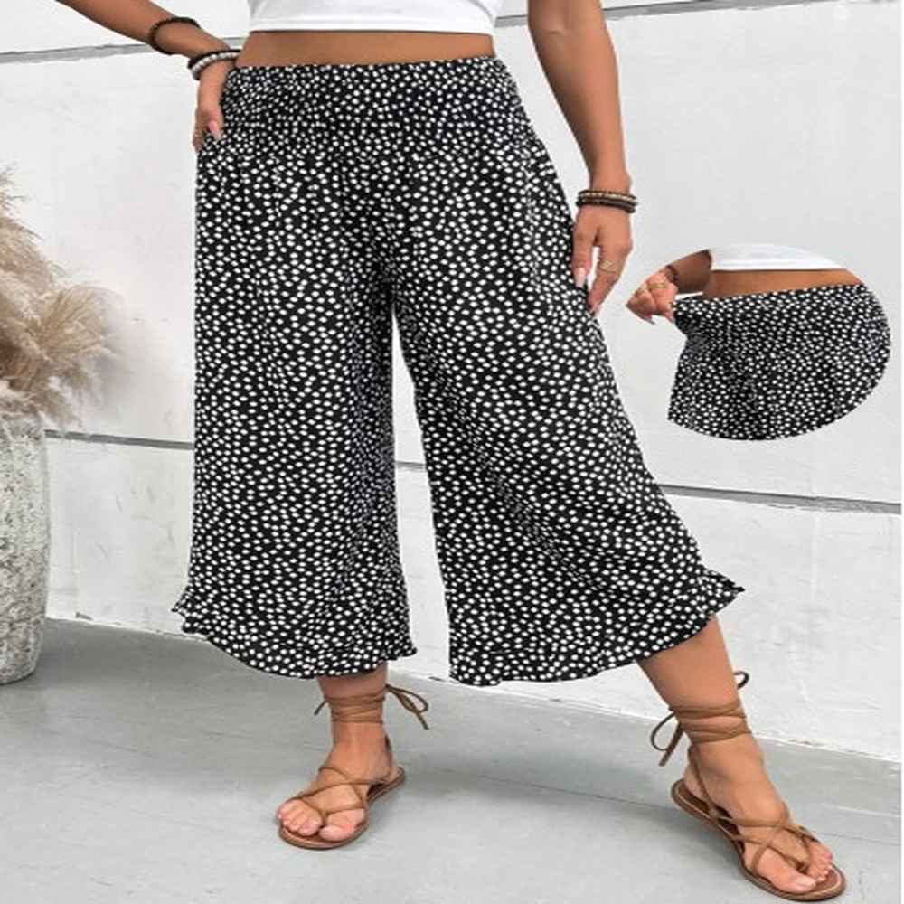modlily black polka dot wide leg elastic waist pants