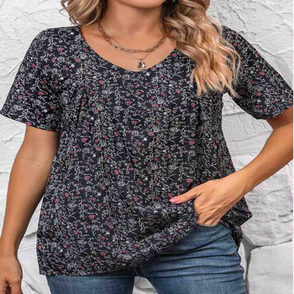 modlily black ruched ditsy floral print short sleeve blouse