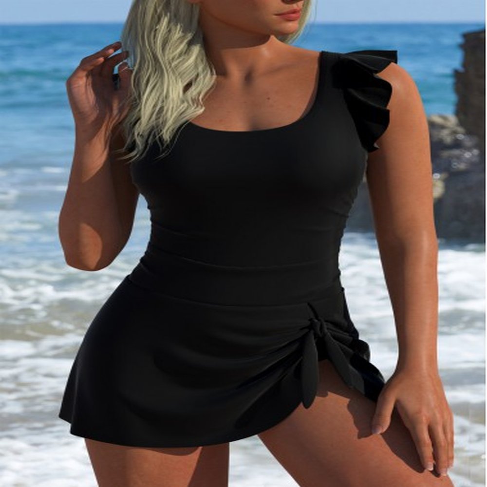 modlily black ruffle tie one piece swimdress xl