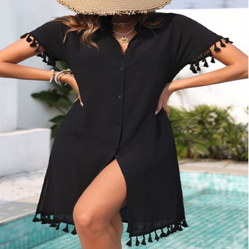 modlily black short sleeve button tassel cover up xl