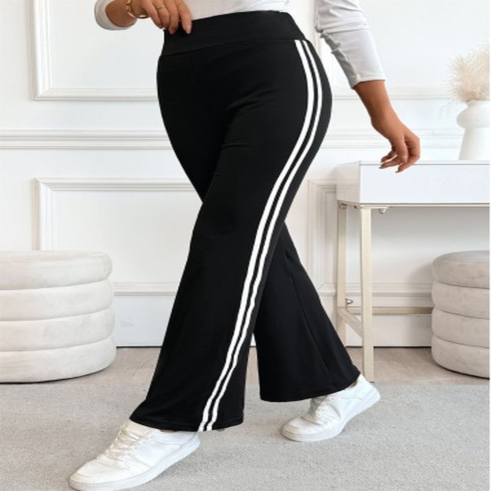 modlily black striped straight leg elastic waist high waisted pants