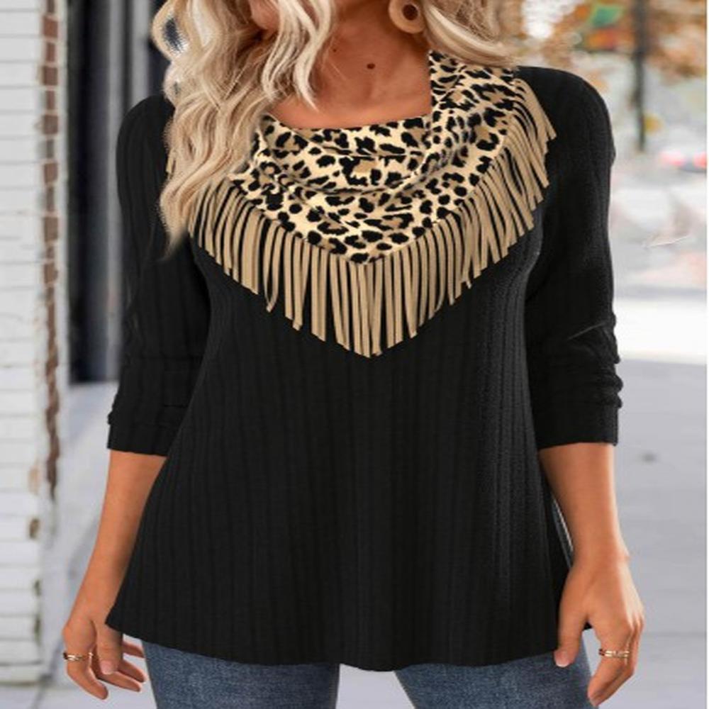 modlily black tassel leopard long sleeve t shirt xl