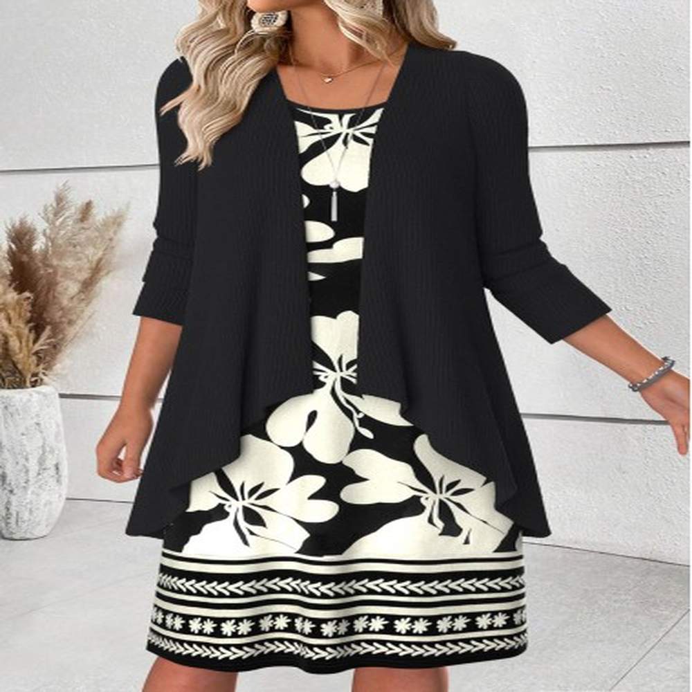 modlily black tummy coverage floral print dress and cardigan