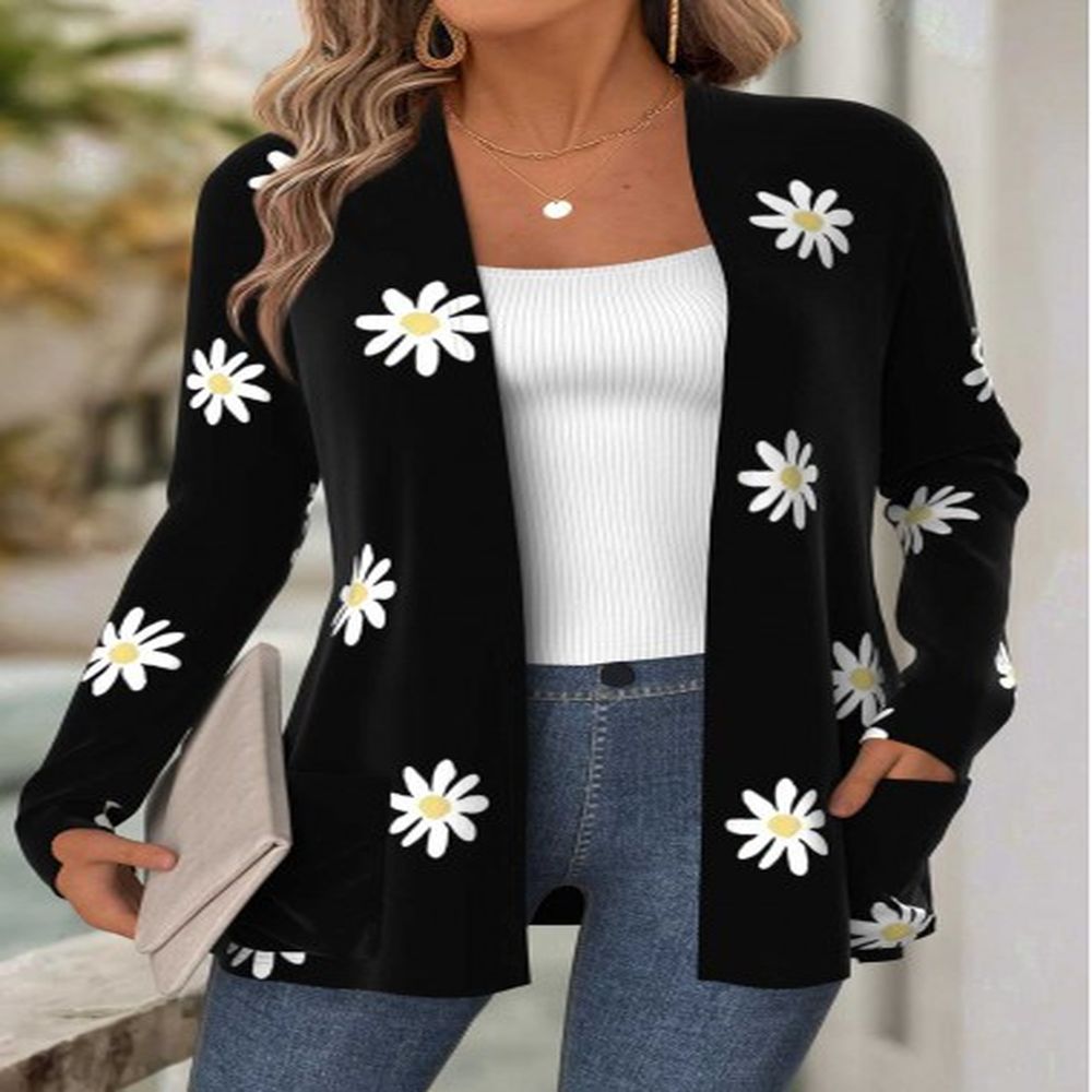 modlily black tummy coverage floral print long sleeve coat