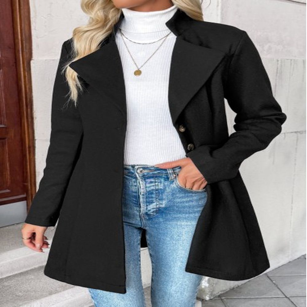 modlily black tummy coverage long sleeve lapel coat l