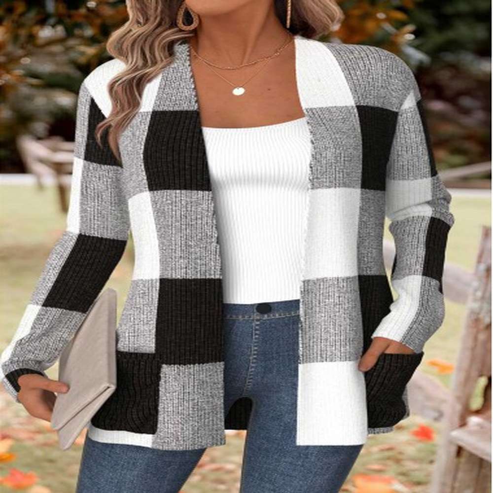 modlily black tummy coverage plaid long sleeve coat l