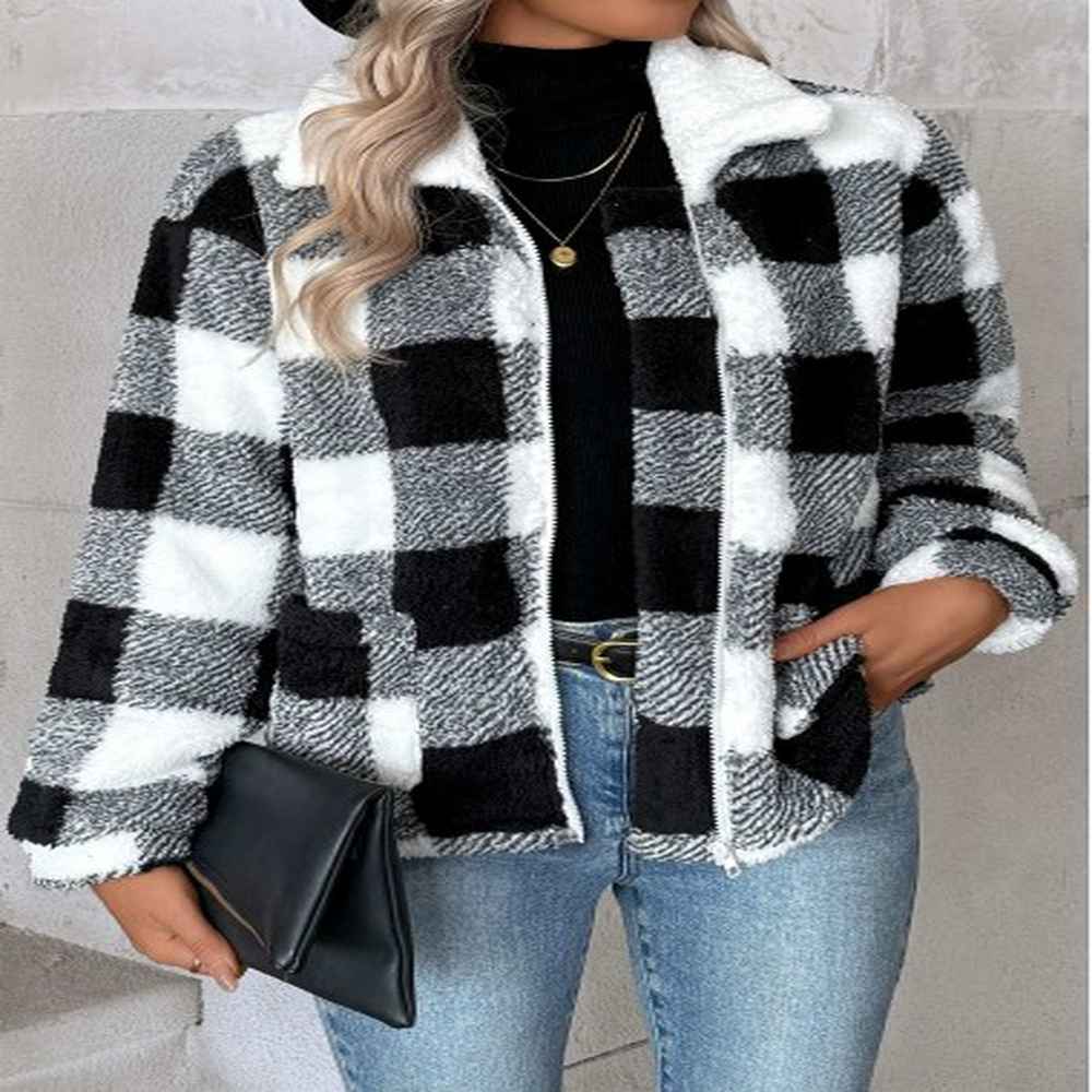 modlily black tummy coverage plaid long sleeve coat s