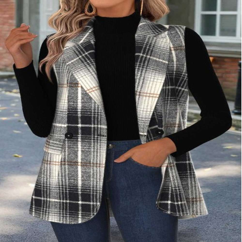 modlily black tummy coverage plaid sleeveless lapel waistcoat l