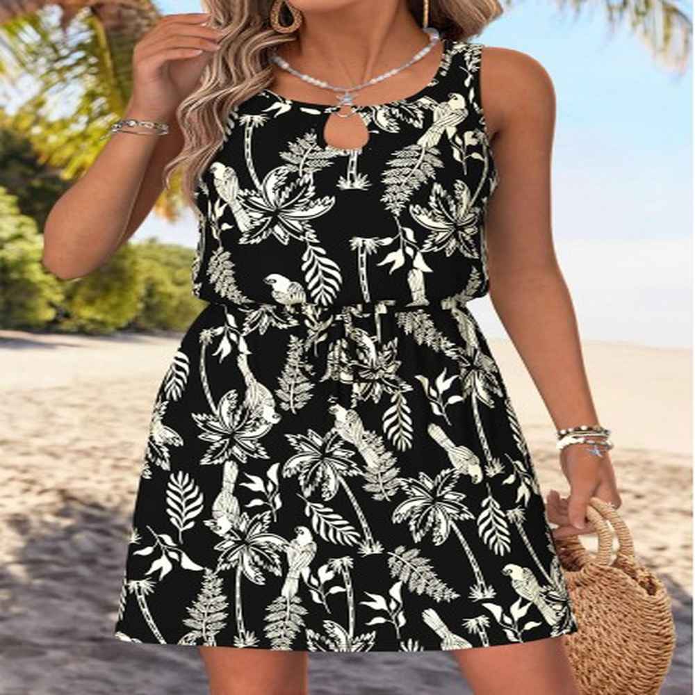 modlily black tummy coverage tropical plants print short sleeveless dress