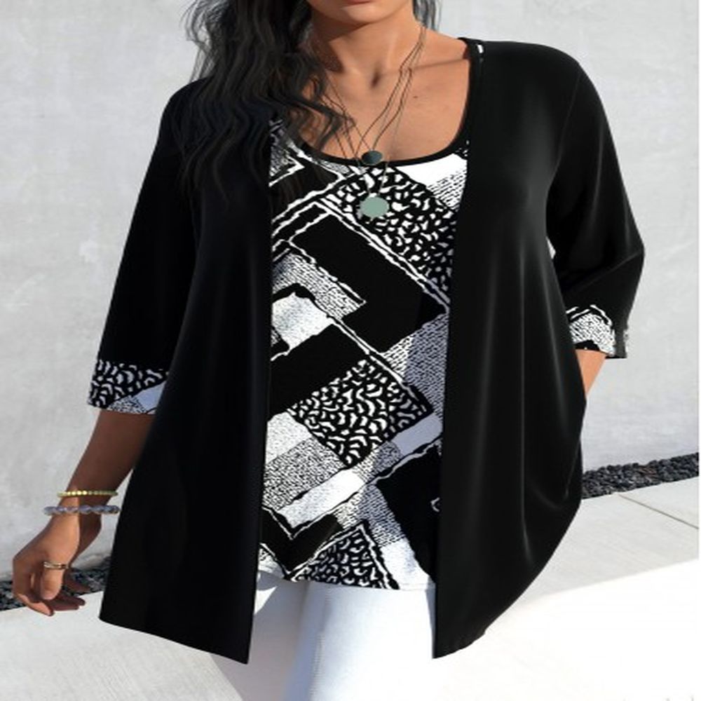 modlily black two piece geometric print cardigan and tank top