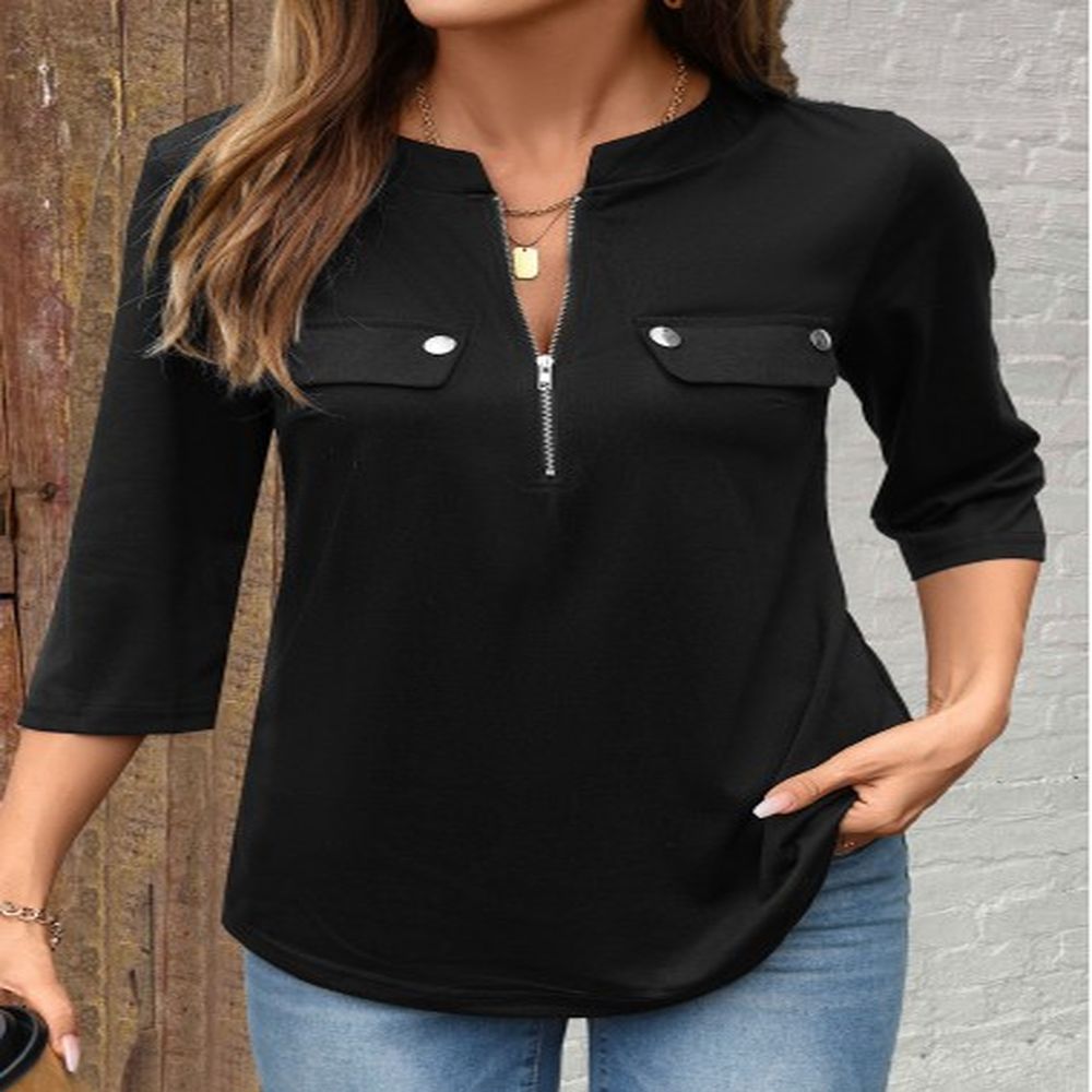 modlily black zipper sleeve split neck shirt m