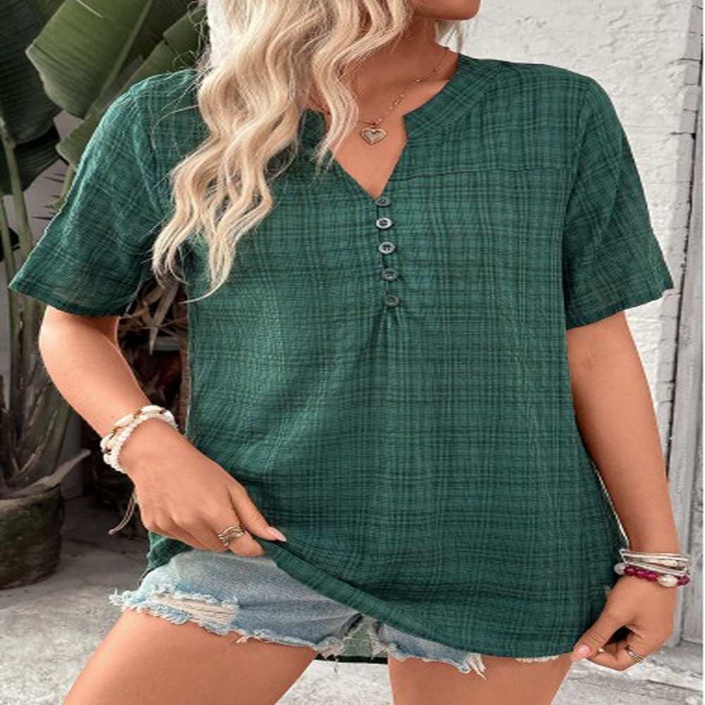 modlily blackish green button plaid short sleeve split neck blouse