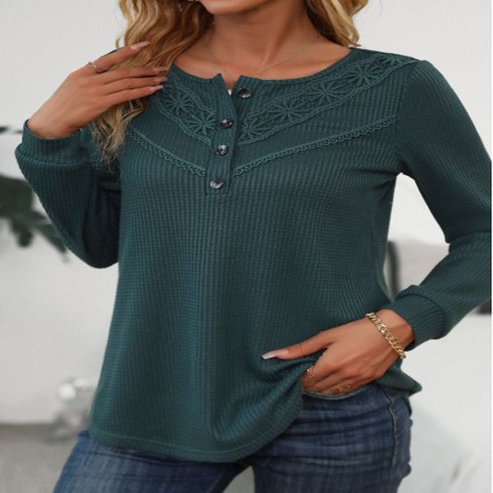 modlily blackish green patchwork long sleeve scoop neck t shirt