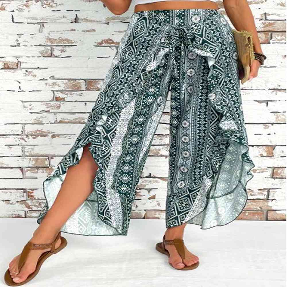 modlily blackish green tribal print wide leg elastic waist pants
