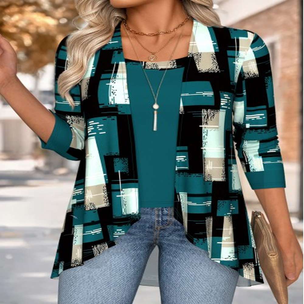 modlily blackish green tummy coverage geometric print blouse m
