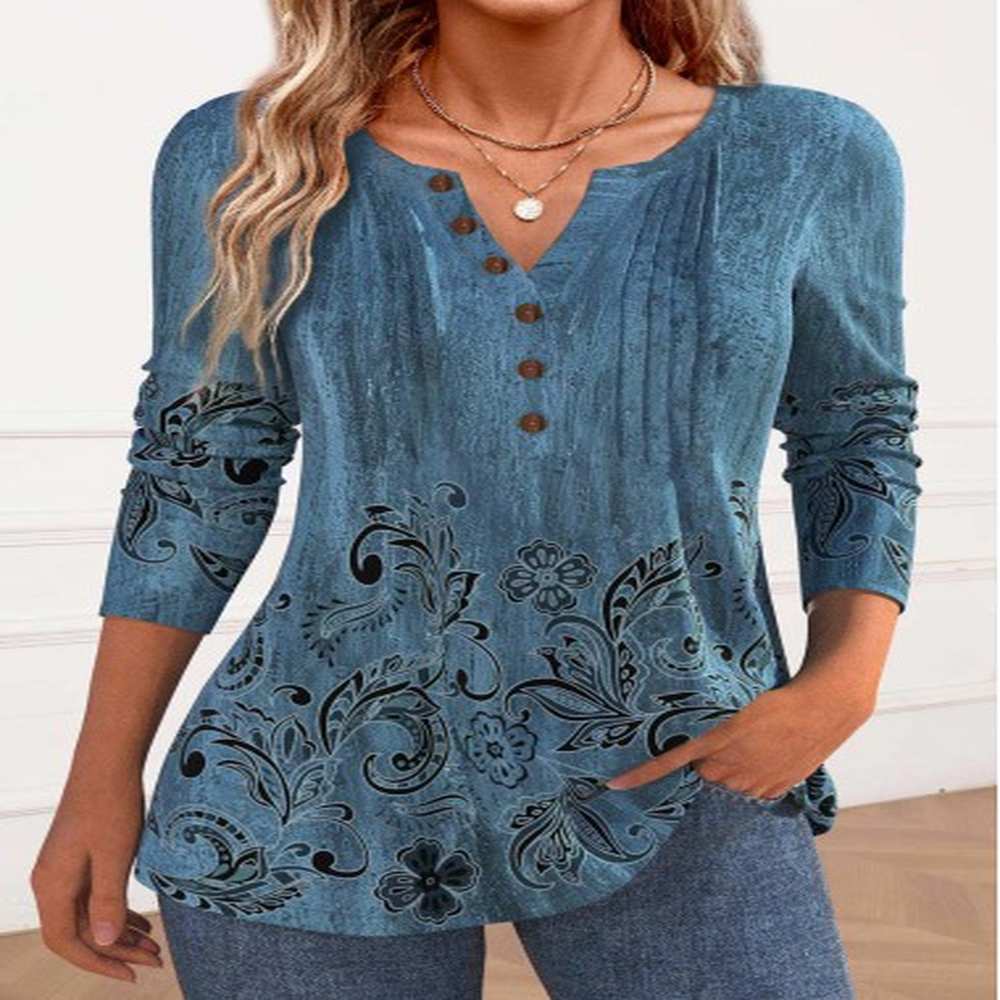 modlily blue button floral print long sleeve t shirt