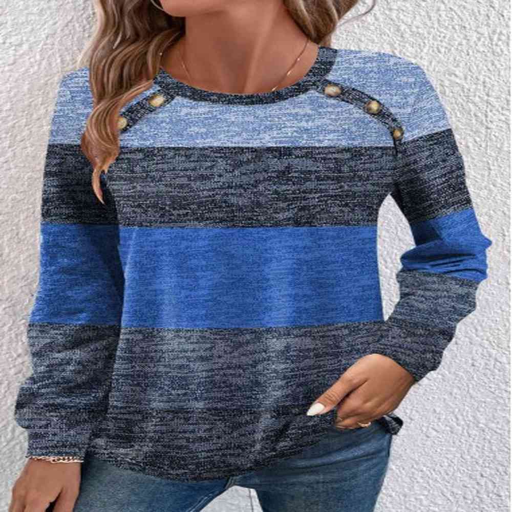 modlily blue button striped long sleeve round neck t shirt