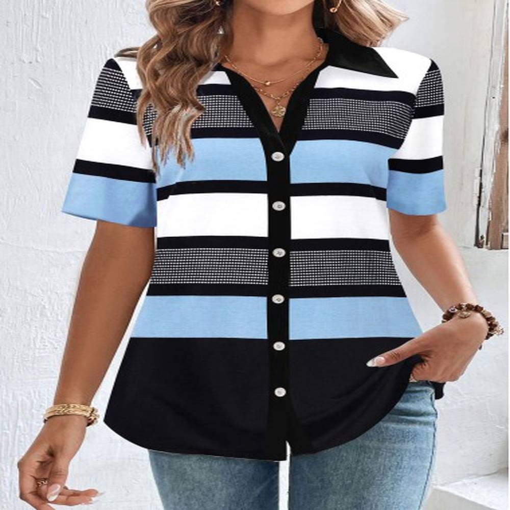 modlily blue button striped short sleeve shirt collar blouse