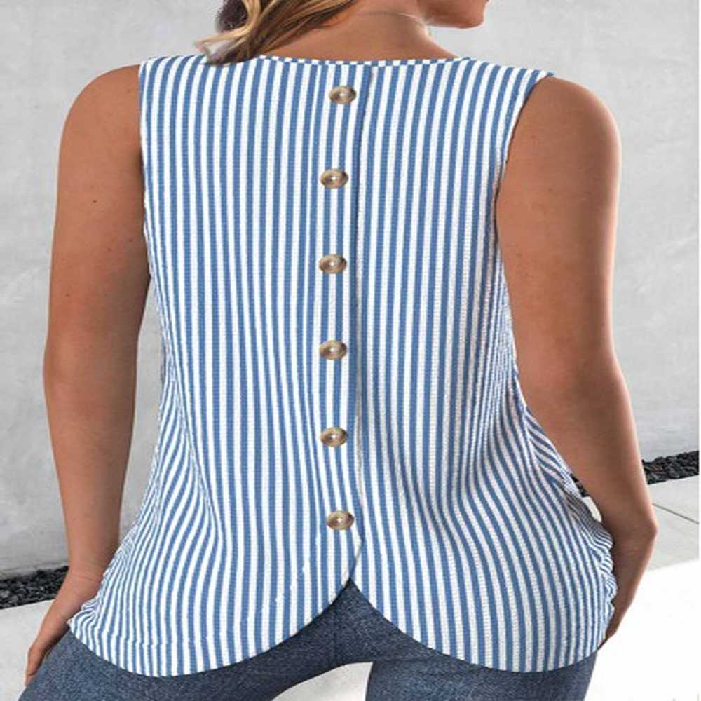 modlily blue button striped sleeveless round neck tank top