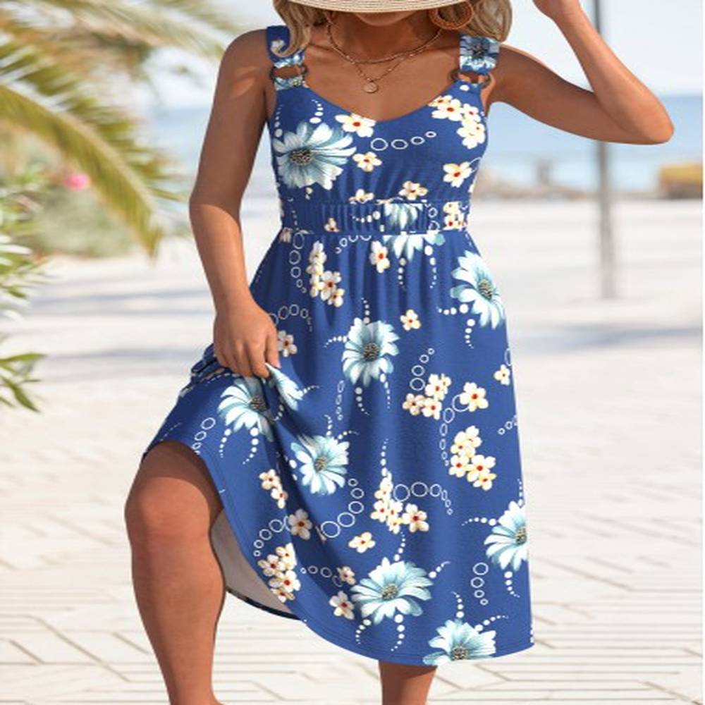 modlily blue circular ring floral print strappy v neck dress