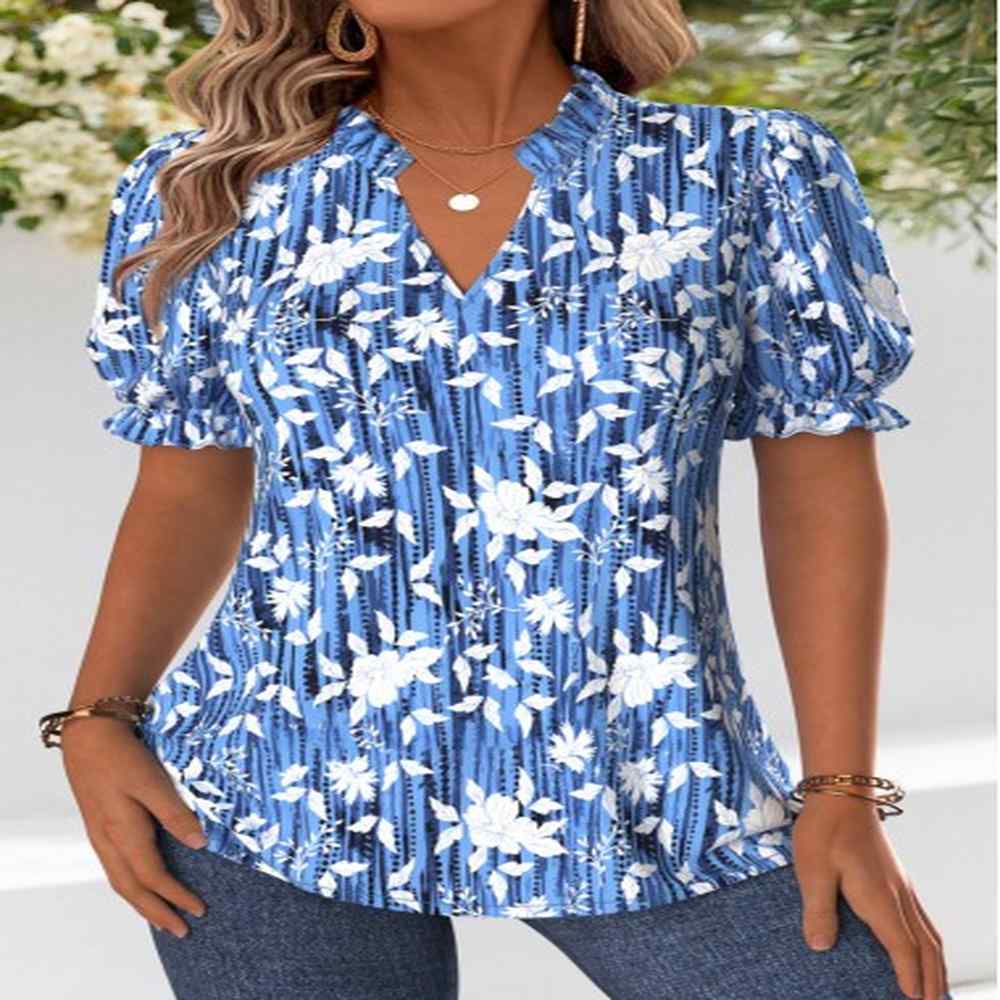 modlily blue curved hem floral print short sleeve blouse