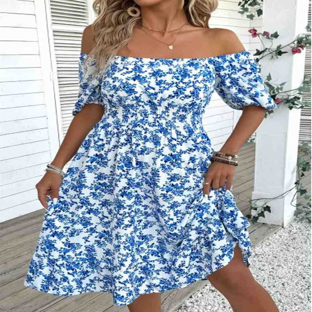 modlily blue ditsy floral print short sleeve off shoulder dress