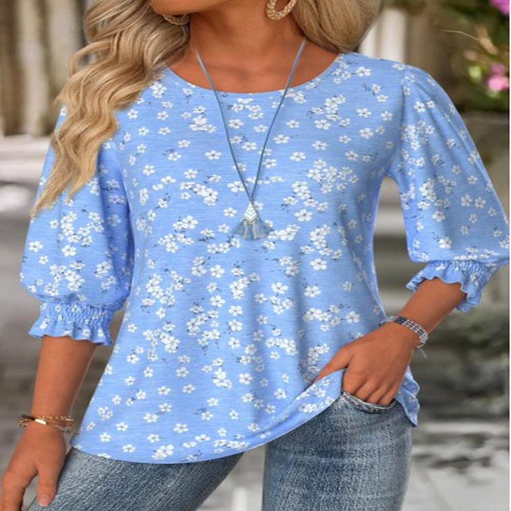 modlily blue ditsy floral print sleeve round neck blouse