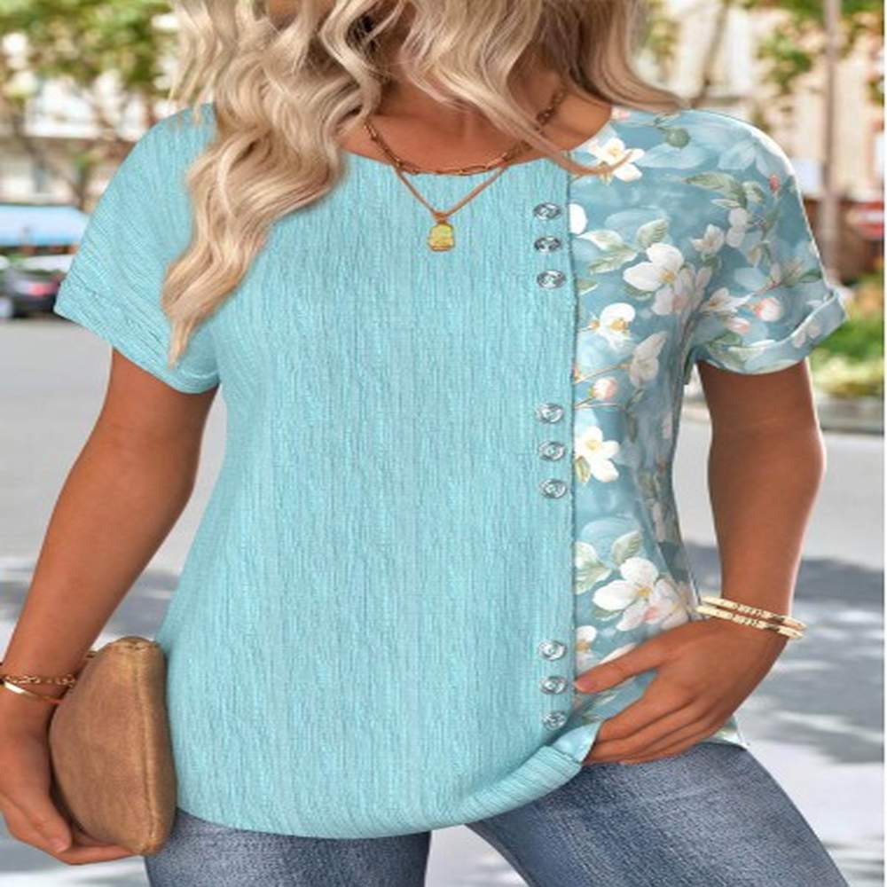 modlily blue floral print short sleeve round neck t shirt