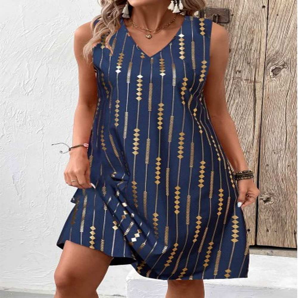 modlily blue hot stamping geometric print a line sleeveless dress
