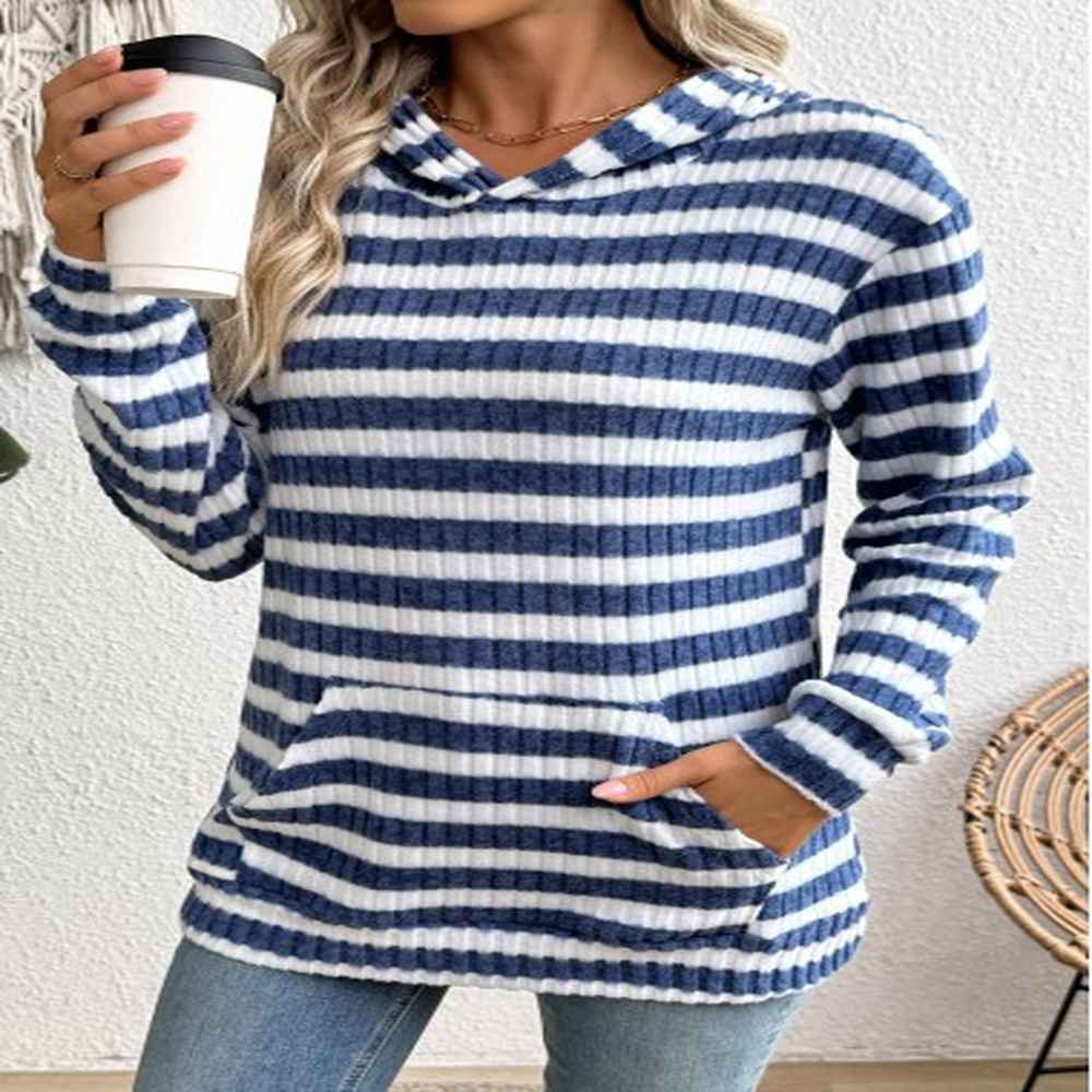 modlily blue kangaroo pocket striped long sleeve hoodie l