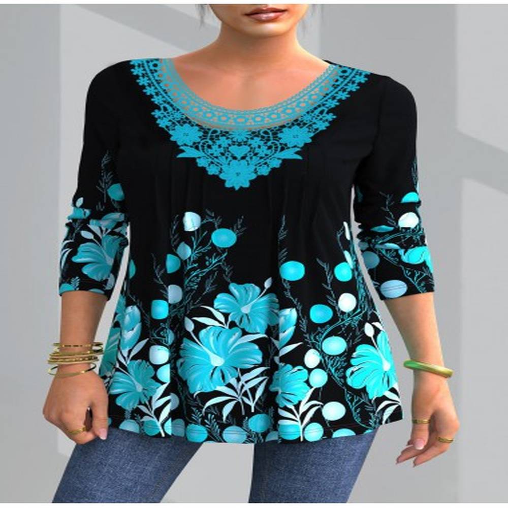 modlily blue lace floral print long sleeve blouse s
