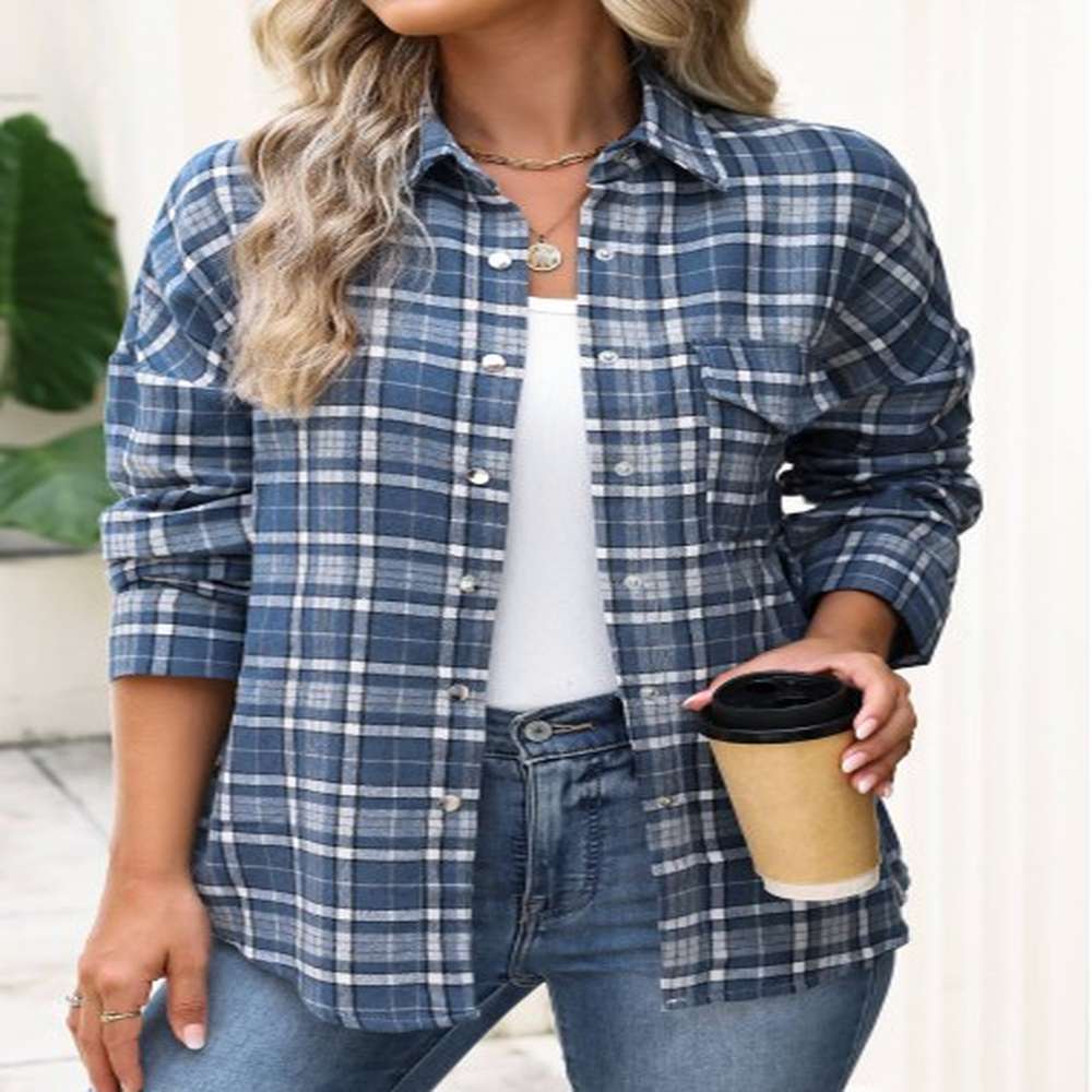 modlily blue patch pocket plaid long sleeve shirt xxl
