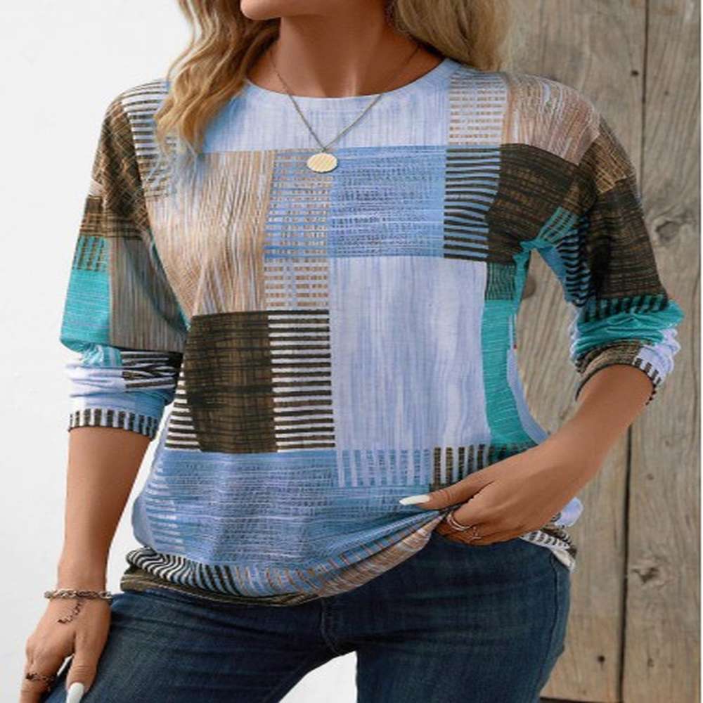 modlily blue patchwork geometric print long sleeve t shirt