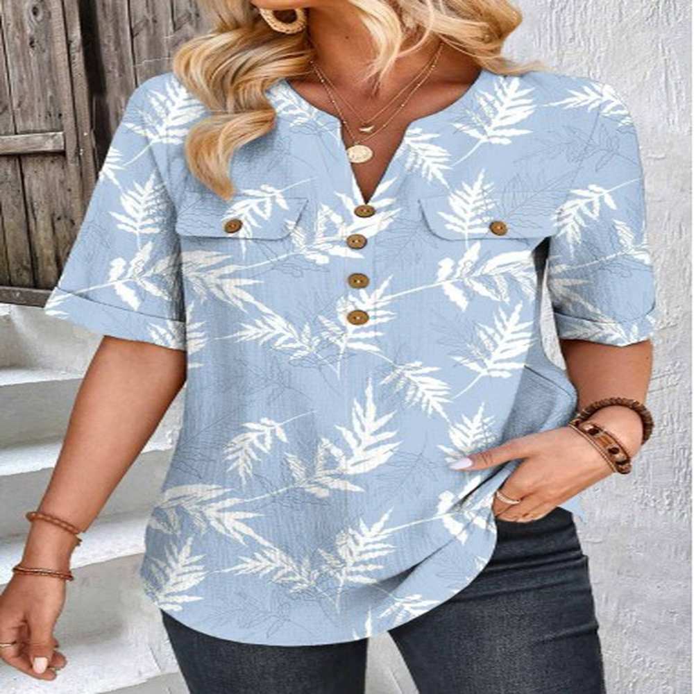 modlily blue patchwork leaf print short sleeve split neck blouse