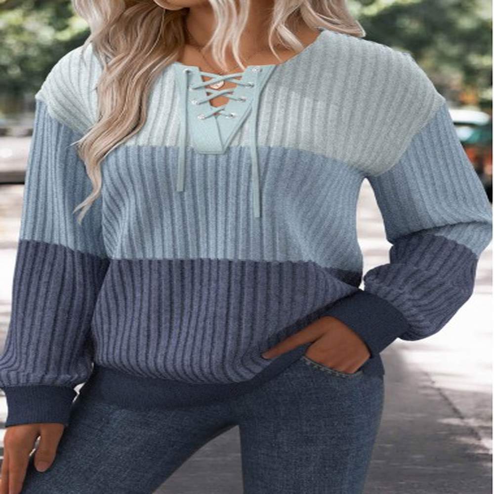 modlily blue patchwork long sleeve lace up collar sweatshirt