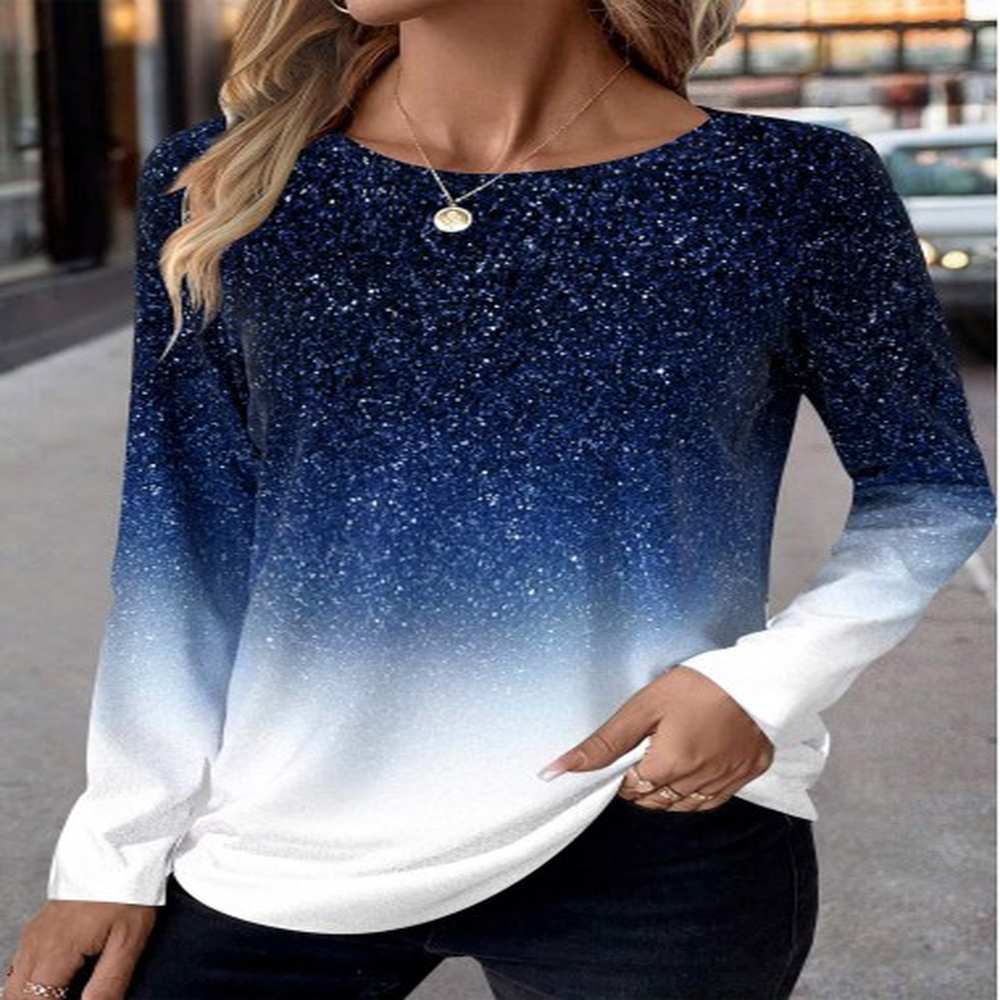 modlily blue patchwork ombre long sleeve round neck t shirt
