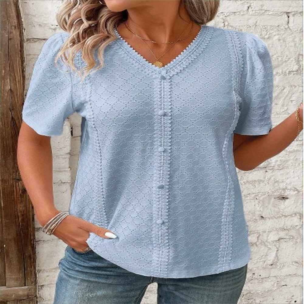 modlily blue patchwork short sleeve v neck blouse l