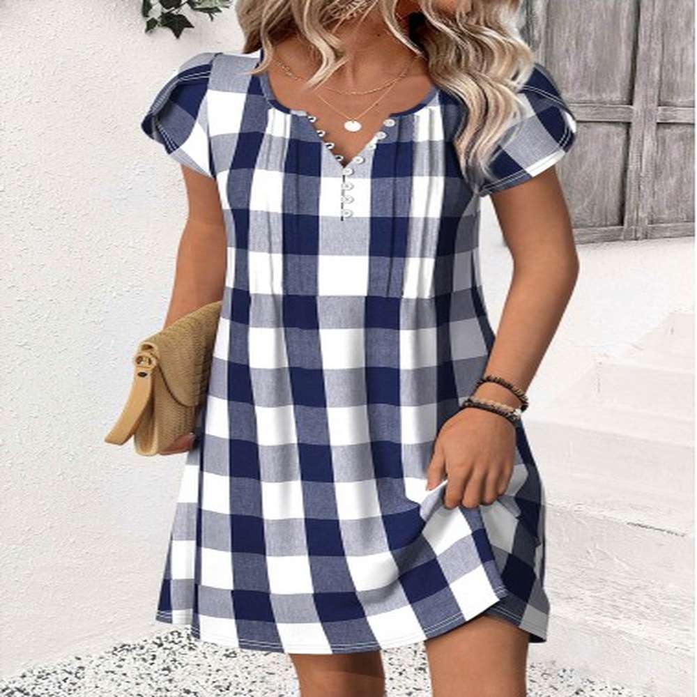 modlily blue plaid short split neck dress xl