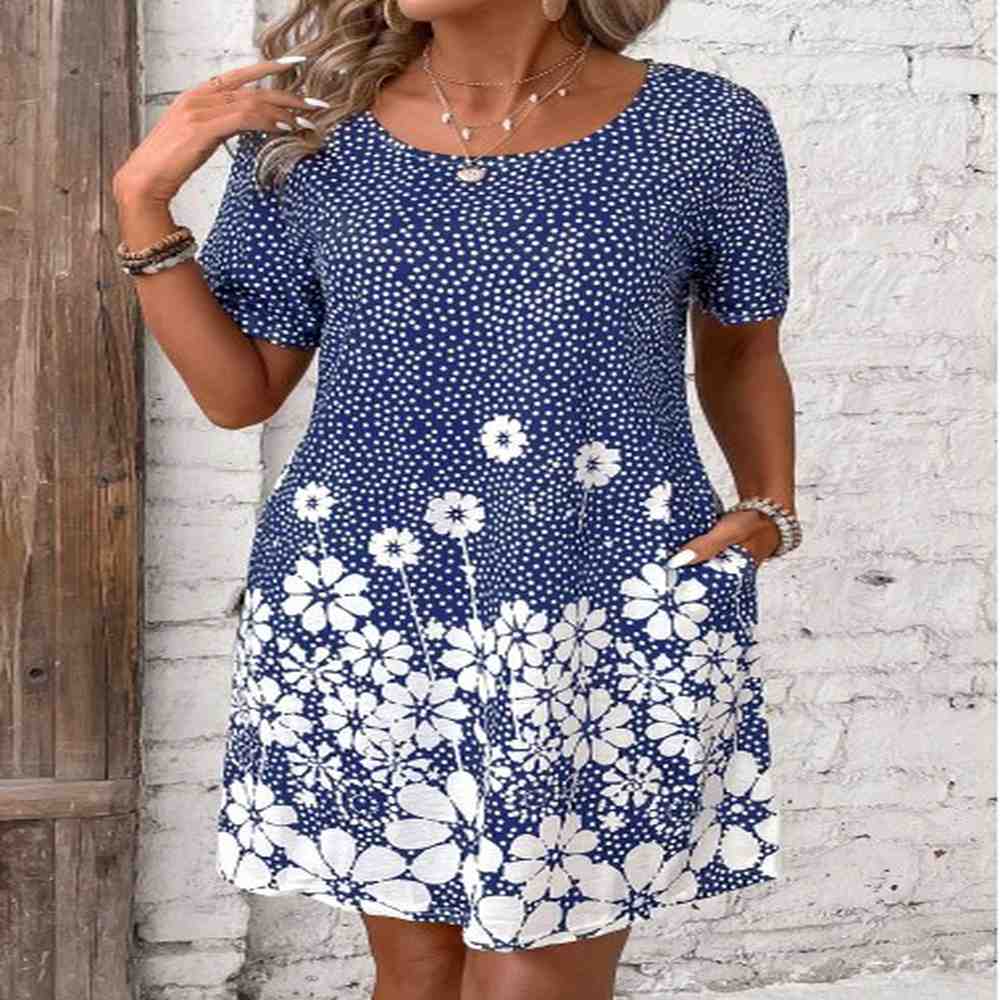 modlily blue pocket floral print short round neck dress