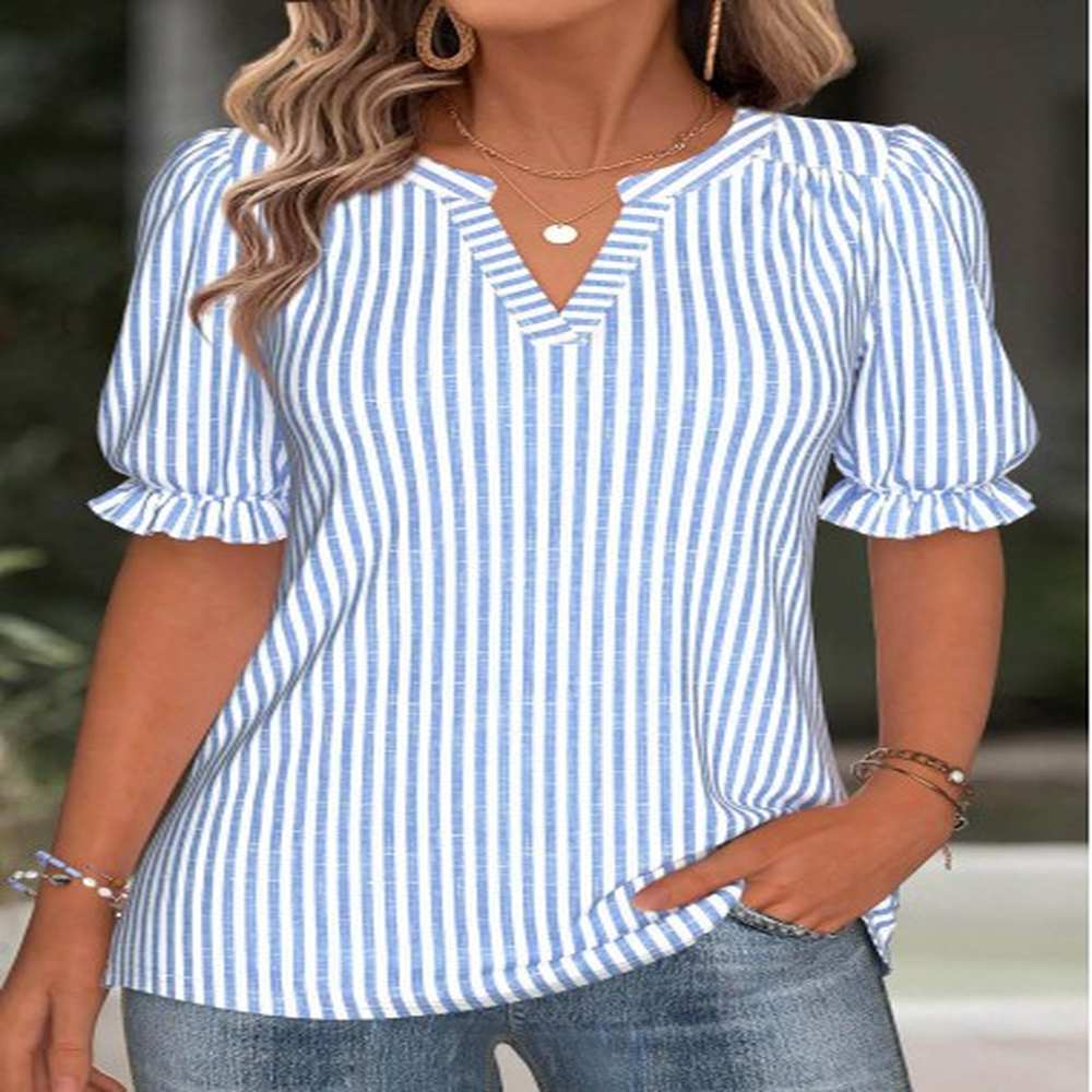 modlily blue split striped short sleeve blouse xl