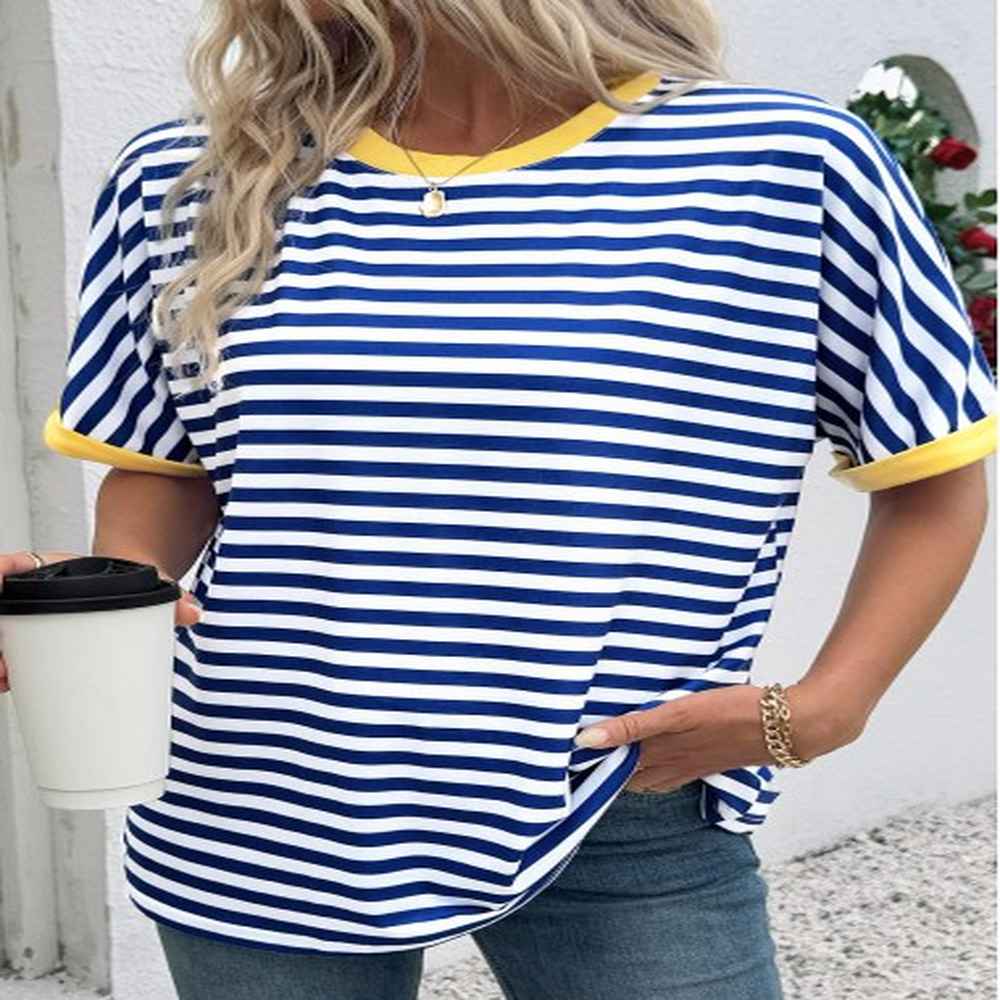 modlily blue striped short sleeve round neck t shirt