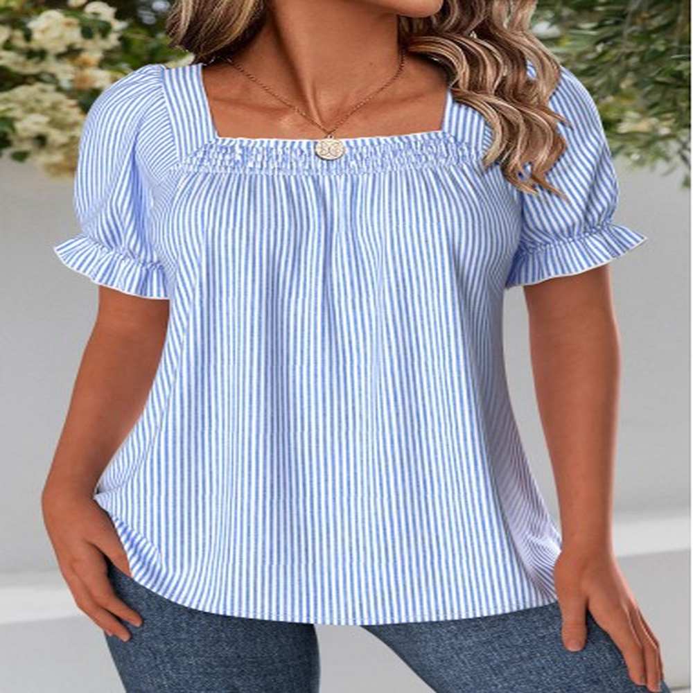 modlily blue striped short sleeve square neck blouse s