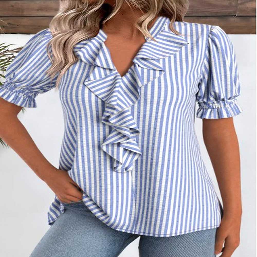 modlily blue striped short sleeve v neck blouse s