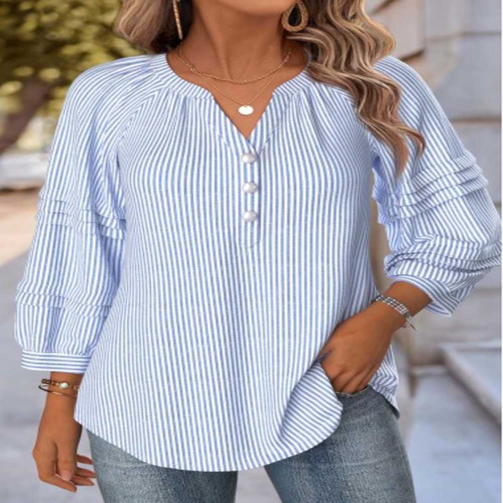 modlily blue striped sleeve split neck blouse xl