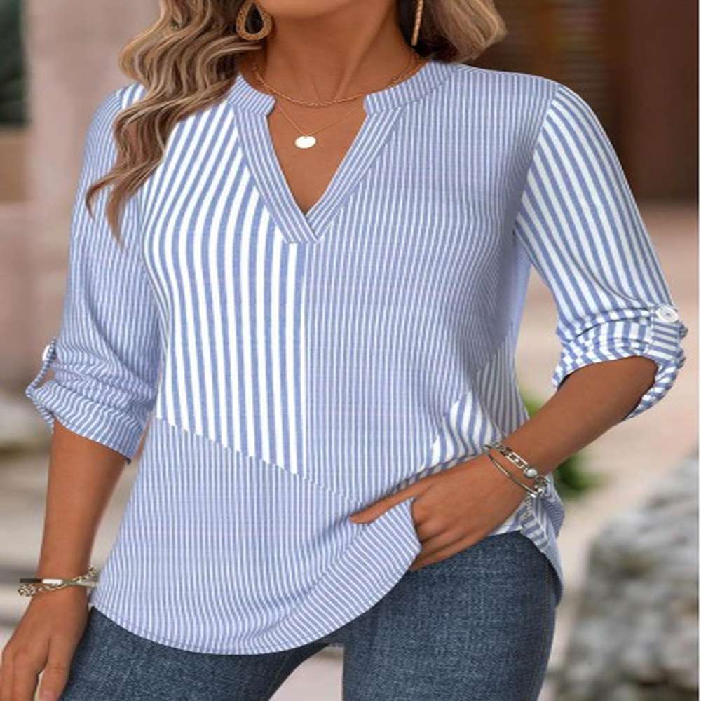 modlily blue striped sleeve split neck shirt m