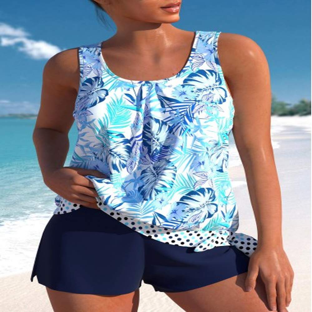 modlily blue tankini with shorts leaves print high waisted bowknot
