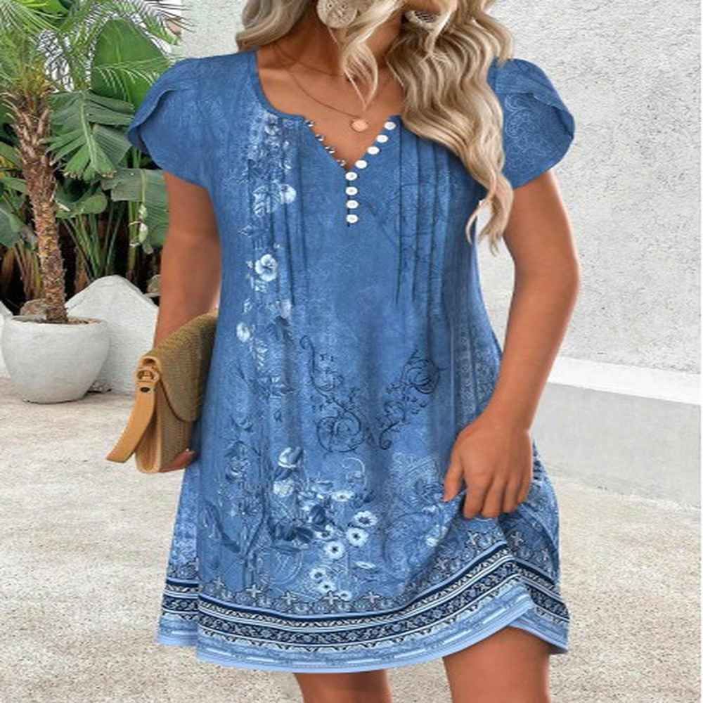 modlily blue tribal print short split neck dress l