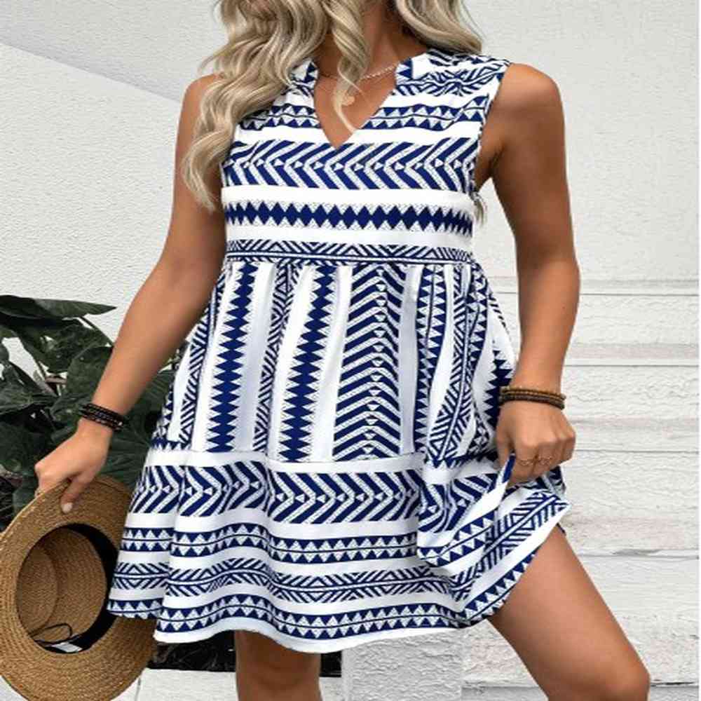 modlily blue tribal print sleeveless split neck dress m