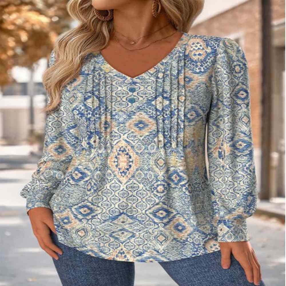 modlily blue tuck stitch tribal print long sleeve t shirt